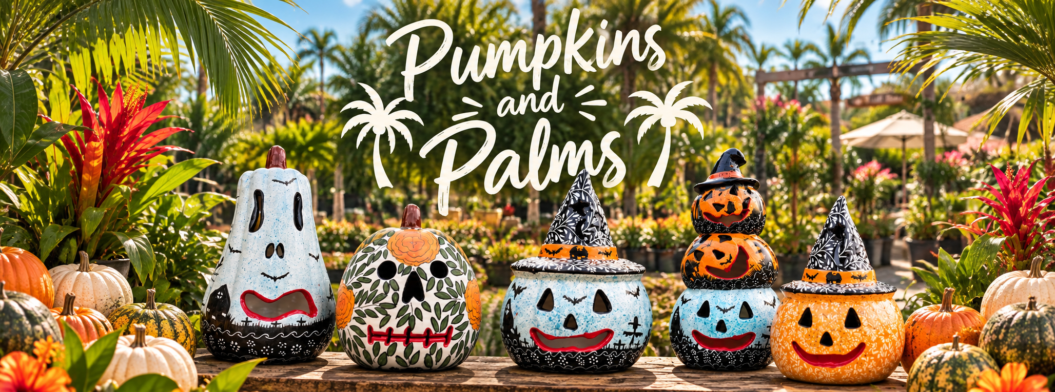 Pumpkins and Palms — hand-painted jack-o'-lanterns among the palms