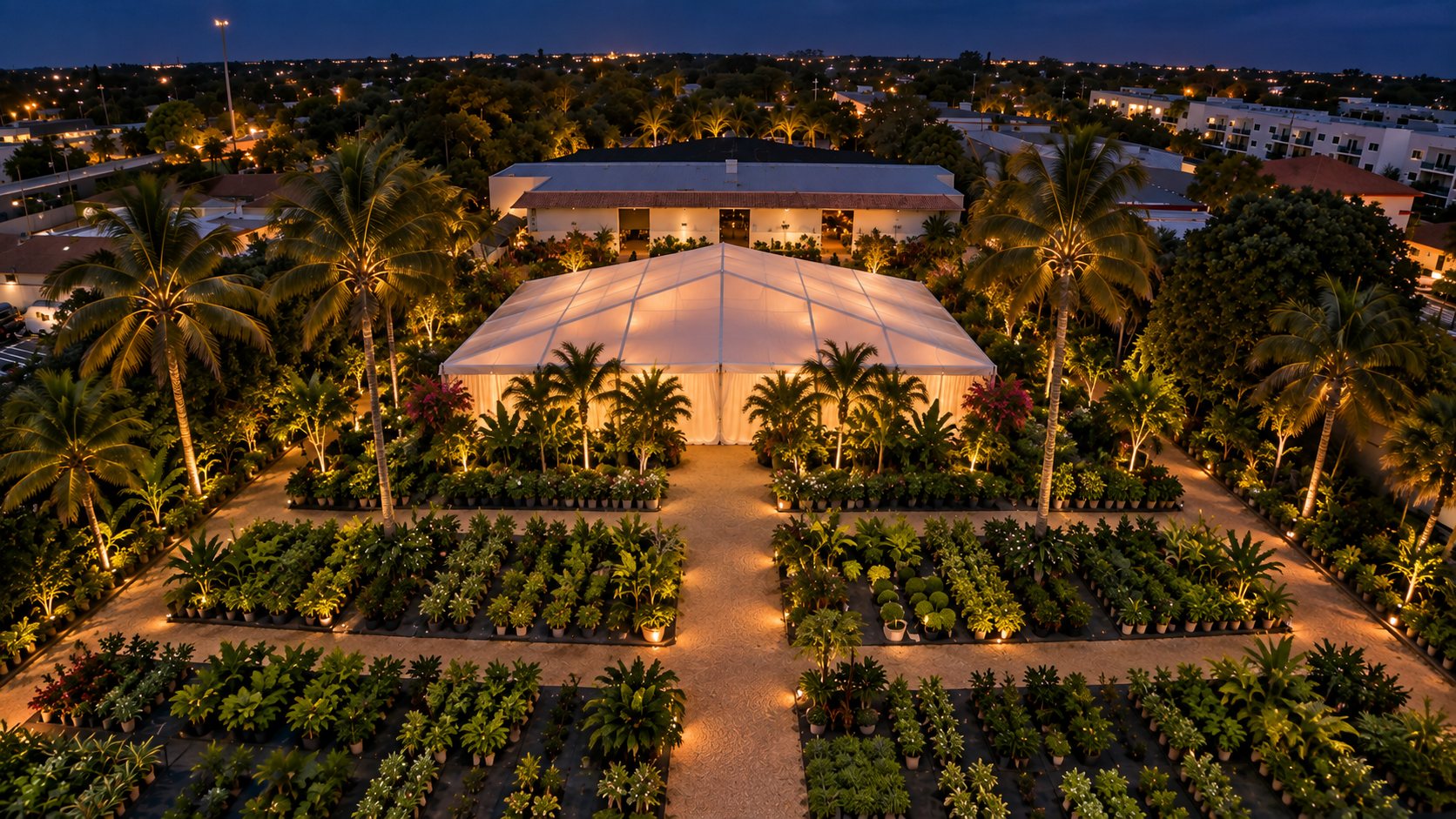 Aerial rendering of the property at night: the tent in the main yard, surrounded by uplit palms and rows of nursery stock