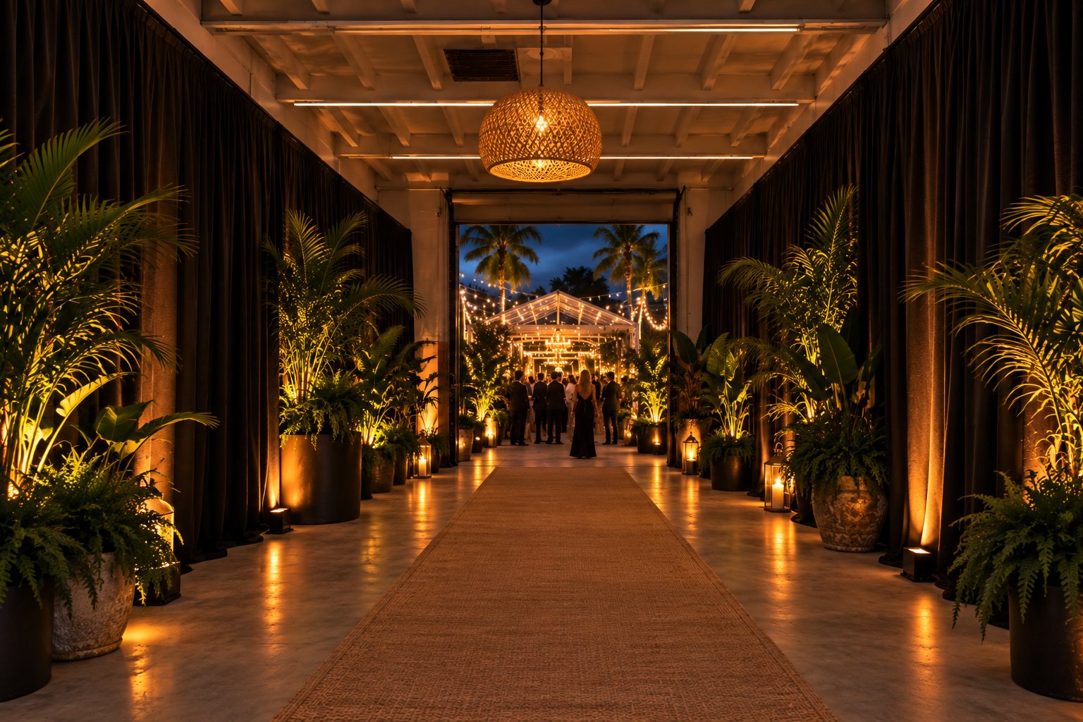 A draped corridor lined with lit palms and lanterns opening onto the tent