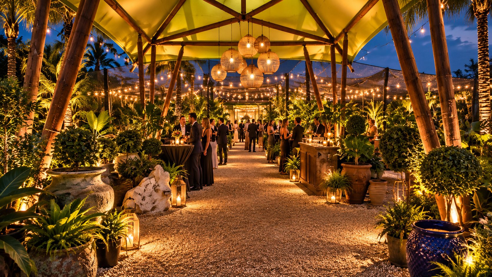 Guests with drinks along a gravel aisle under a canopy of pendant lanterns and string lights
