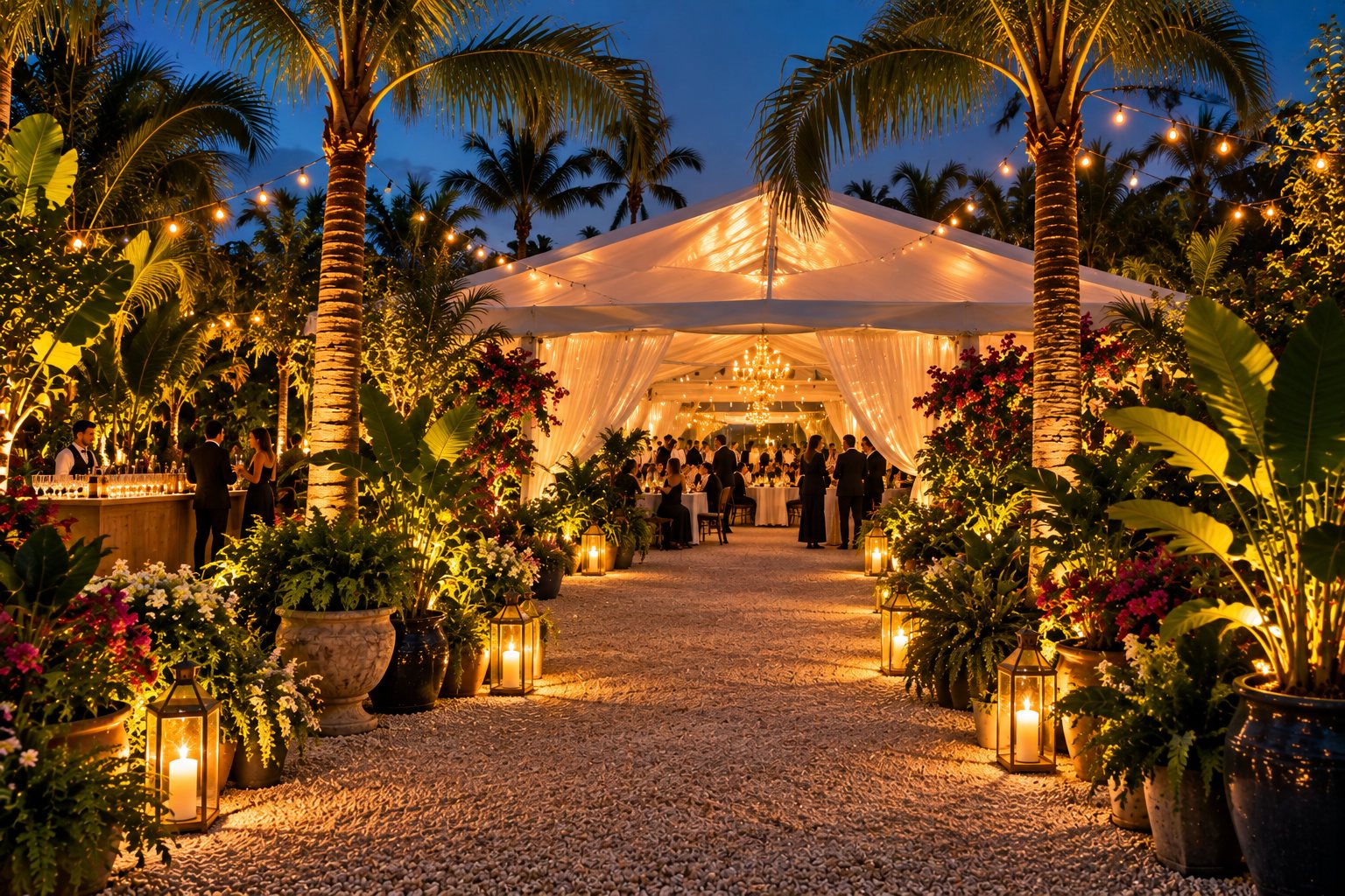 A lantern-lined gravel path between palms leading into a draped tent set for dinner